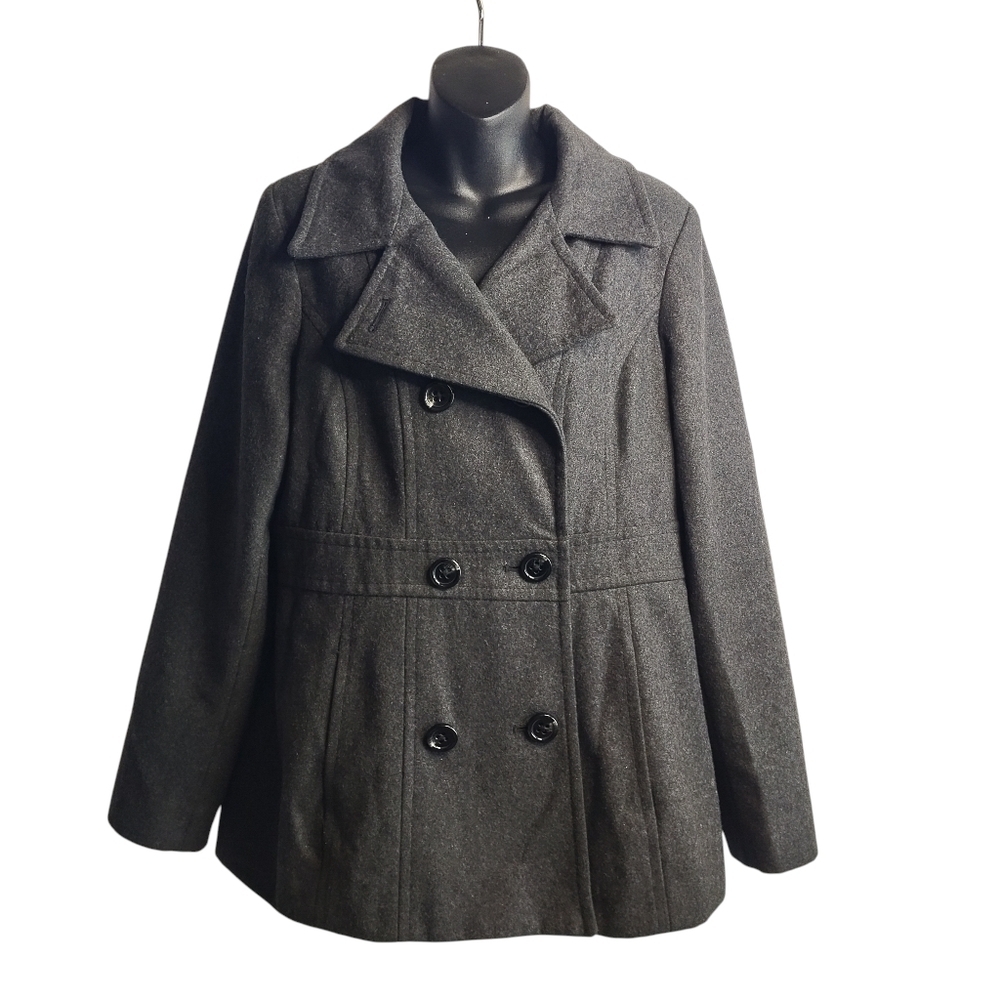 AK Anne Klein Pea Coat Womens Gray Wool Blend Four Button Double Breasted Size L